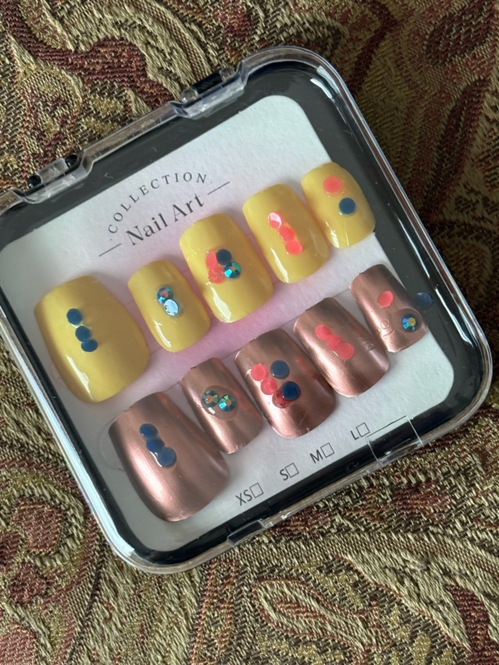 Yellow & Rose Gold Press-On Nail Set with Confetti Dots size L